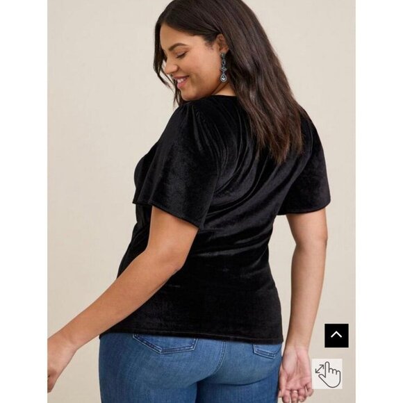 Torrid Tops - Torrid Size 1 Black Stretch Velvet Shirred-Front Flutter Sleeve Top